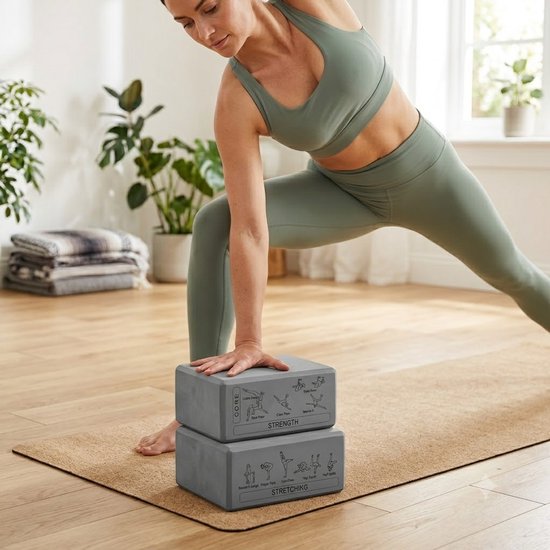 Grijze Pilates blokken yoga blokken set unisex 2 delig EVA schuim antislip yogablokken met yogahouding gids op 6 zijden afgeschuinde randen voor yoga pilates meditatie stretching en balans — afbeelding 3