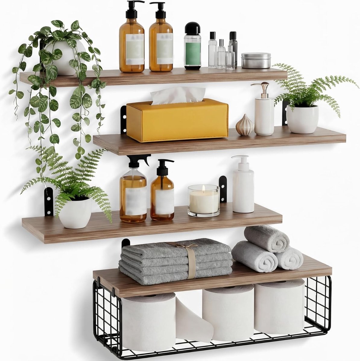 Zwevende wandplanken set van 3, 40 cm, houten planken voor badkamer, woonkamer en keuken, rustiek design en stabiele opbergruimte