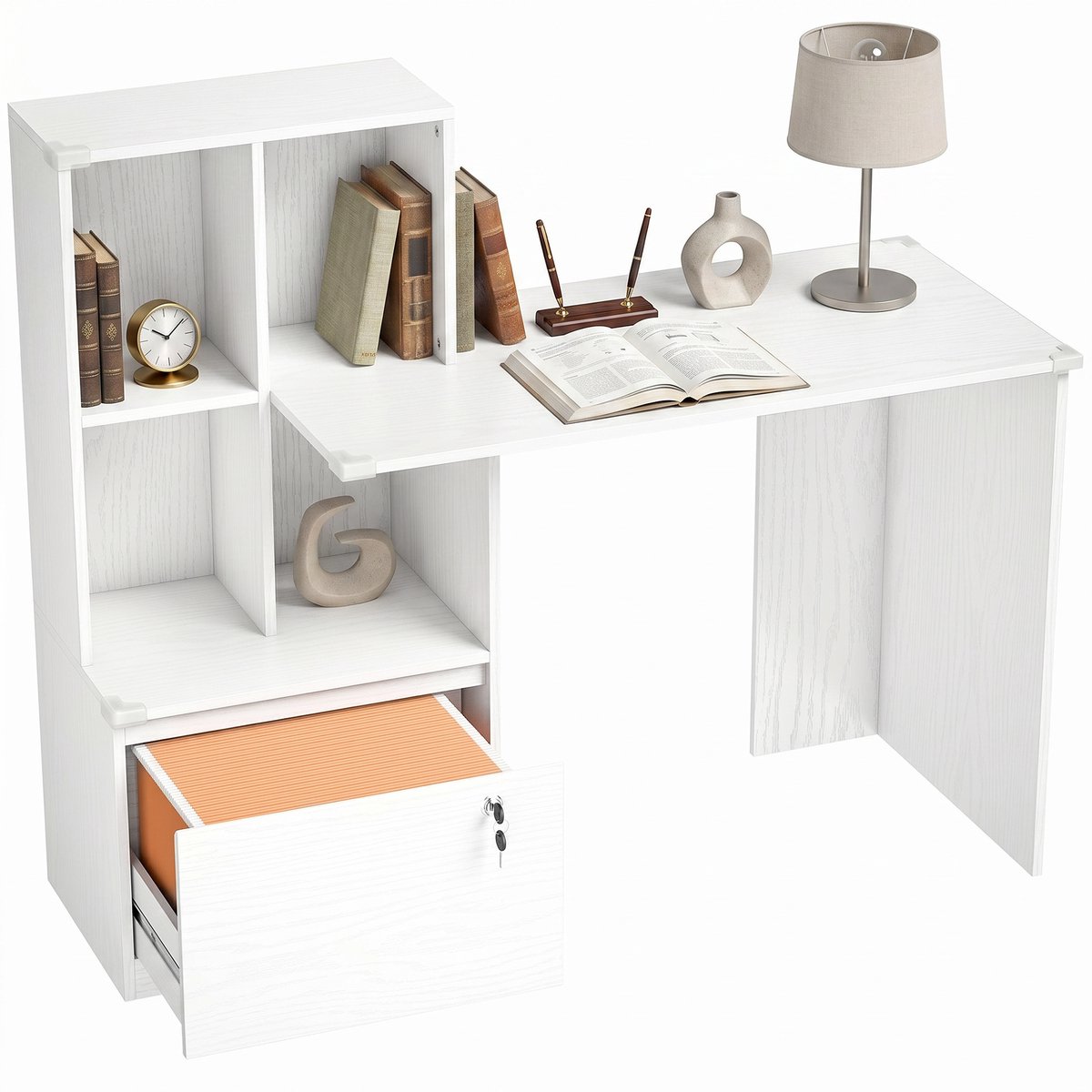 TEKROA® Bureau - met Boekenkast en Afsluitbare Lade - Computertafel - voor Studeren en Werken- 126x50x109 cm - Wit Houtlook