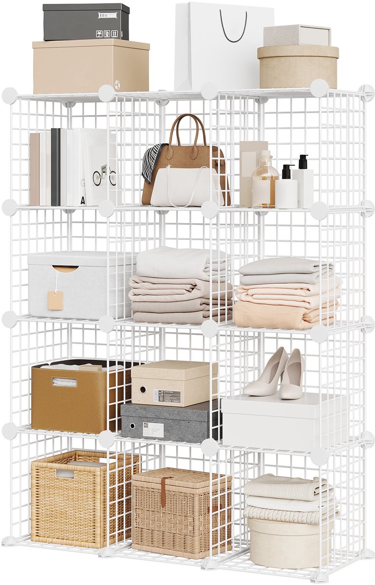 Triumpunpre Opbergrek 12 Vakken – Modulair Grid Rek, Stapelbaar & Ruimtebesparend – voor Schoenen, Kleding, Boeken & Accessoires – Slaapkamer, Hal & Kantoor – 94 x 32 x 125 cm – Wit