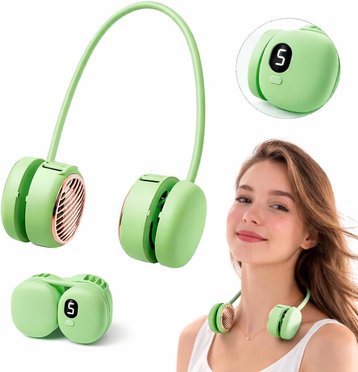 Ventilator - Oplaadbare nek ventilator, 5 standen, led-display, draagbaar en handsfree, 120 turbinebladen, 360° flexibel, 40 dB stil, ideaal voor reizen, sporten en kantoor (groen)