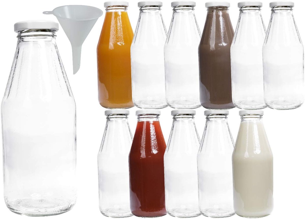 SnelShoppen - 12 x Glazen Fles 500 ml met Schroefdop Wit incl. Trechter - Perfect voor Feest, Camping, Keuken, Tuingebruik