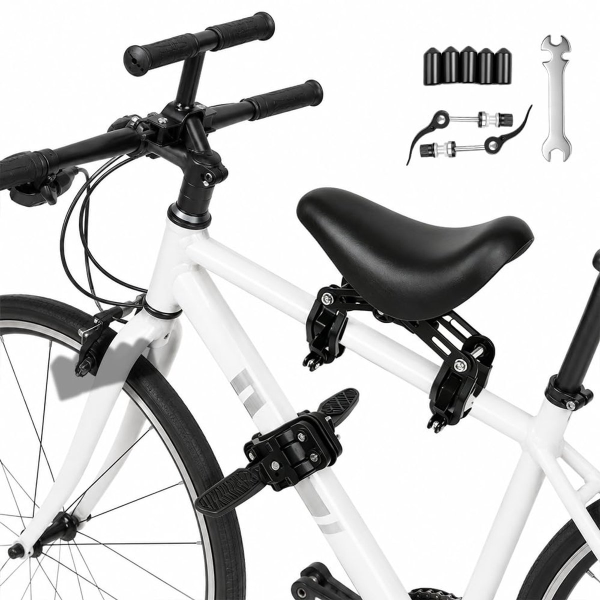 Kinderfietszadel Voor - Fietsstoeltje Kinderen - Samen Fietsen - Inklapbare Voetsteunen - 235 x 105 cm - Zwart