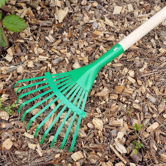SnelShoppen - Tuingereedschap voor Kinderen - Compleet Set van 8 Stuks - Schep, Bezem, Hark, Dubbele Hak, Metaal met Houten Steel - Groen - Ideaal voo van Snelshoppen — afbeelding 2