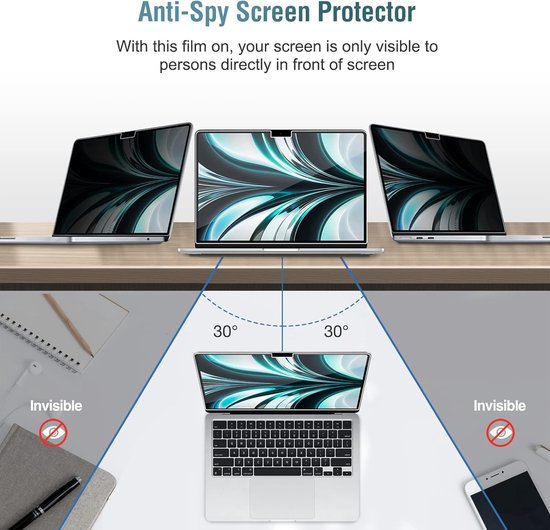 Drie laptops op een bureau, getoond met een privacy filter. Vanuit een hoek van 30 graden is het scherm onzichtbaar.