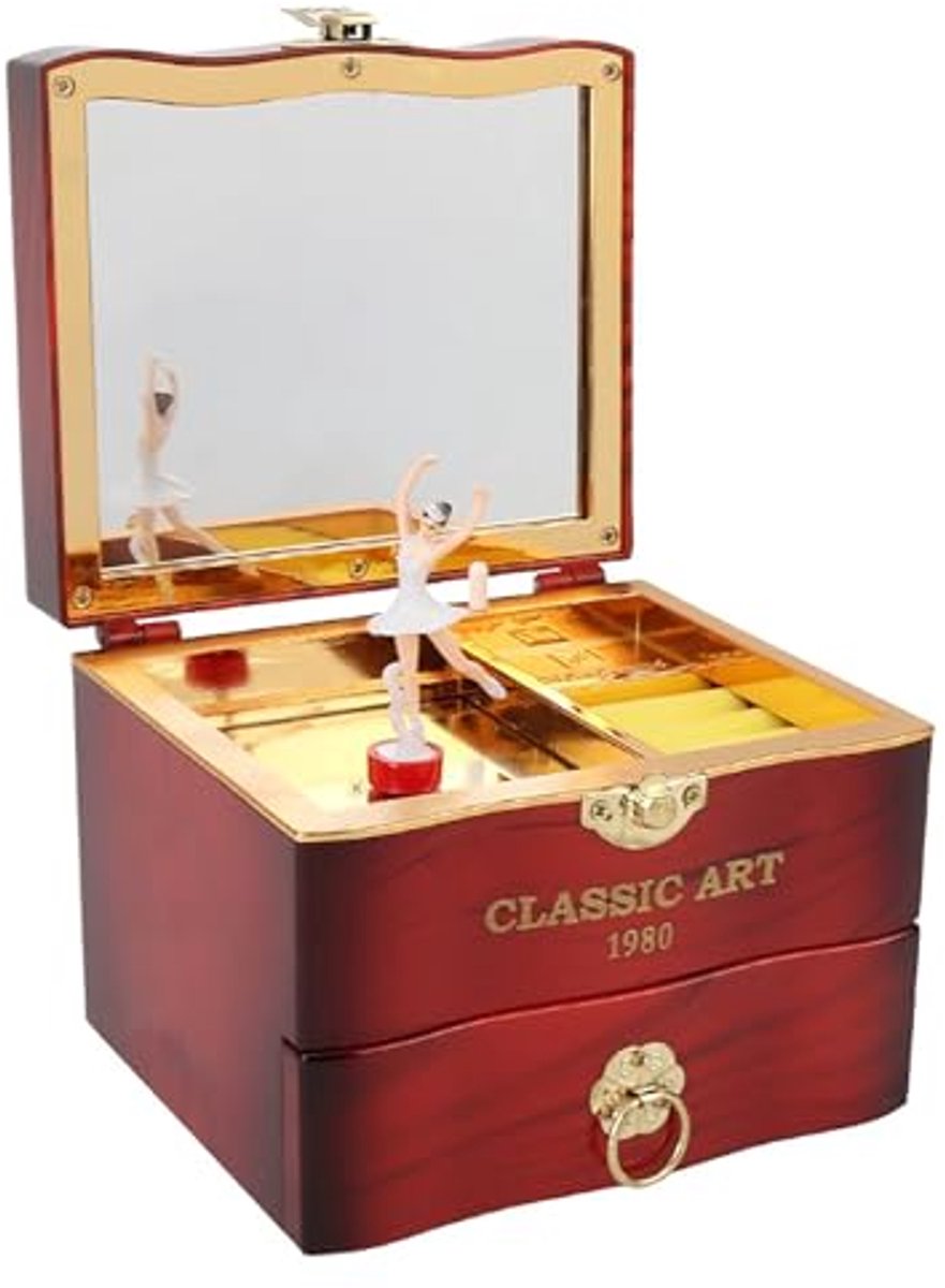 SnelShoppen - Retro muziekdoos voor meisjes, houten sieradenopbergdoos met roterende ballerina, muzikale opbergbox met spiegel, perfecte verjaardagsca