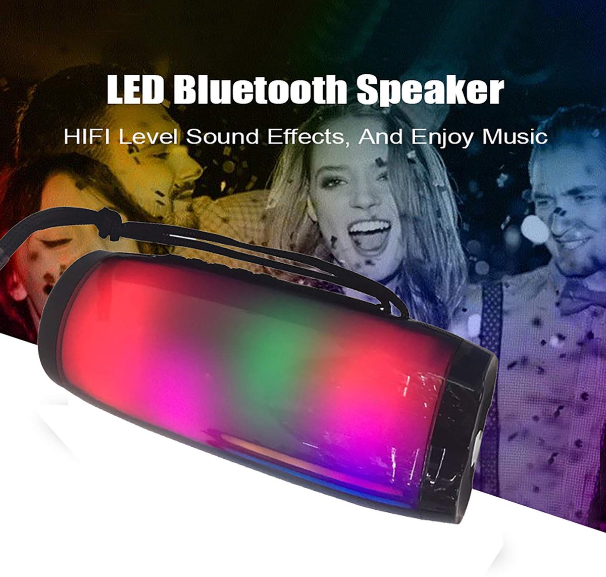 SnelShoppen - Bluetooth-luidspreker met LED-licht, RGB, oplaadbaar 10W, Draadloze speaker met WLAN en radio, Zwart, Perfect voor Feest, Camping en Tui