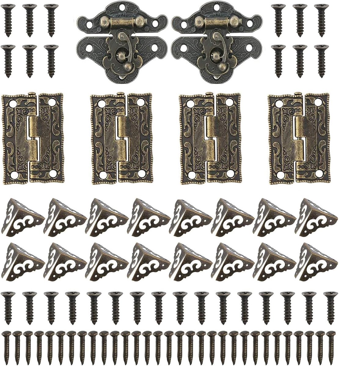 SnelShoppen - 2Pcs Antieke Bronzen Latch Hasp, 4Pcs Retro Kast Scharnier, 16Pcs Hoekbeschermers Metaal, Randbescherming voor Kisten, Dozen, Meubels me