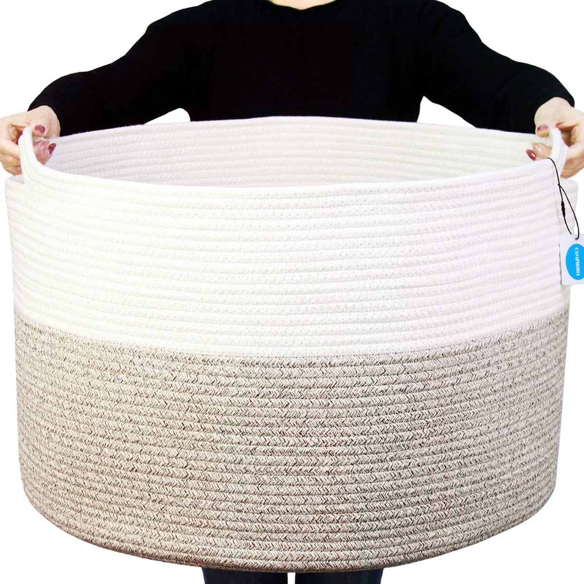 SnelShoppen - XXXLarge Katoenen Touwmand - Geweven Opbergmand met Handvat voor Dekens, Handdoeken en Kussens - Wasmand - Wit en Bruin (55,9 x 55,9 x 3