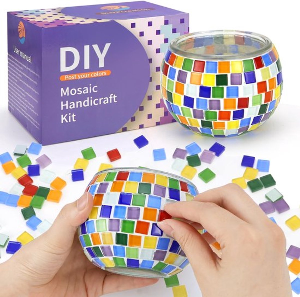 DNGH Glasmozaïek knutselset kinderen volwassenen mozaïek maken knutselset glazen mozaïek kaarsenhouder kit, mozaïekstenen om te knutselen 7 8 9 10 11 12 jaar kinderen doe-het-zelf mozaïek glas