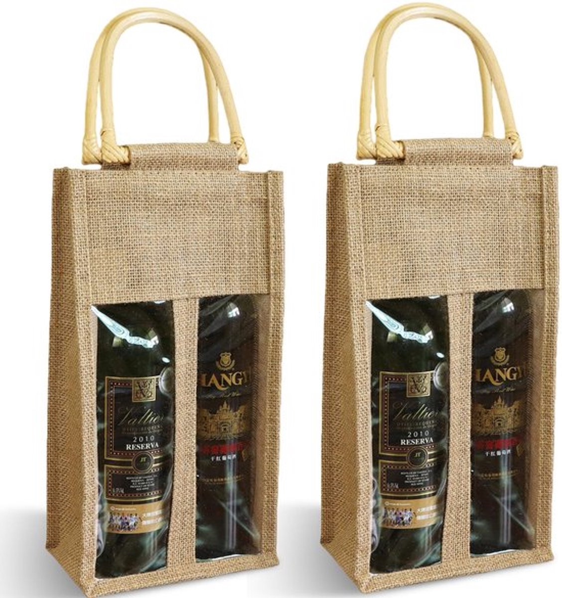Wijnfleszak 2 stuks - Dubbele Wijntas met Venster - Herbruikbare Jute Wijnzak - Cadeautas voor Bruiloft/Verjaardag - Handvat voor Gemakkelijk Transport