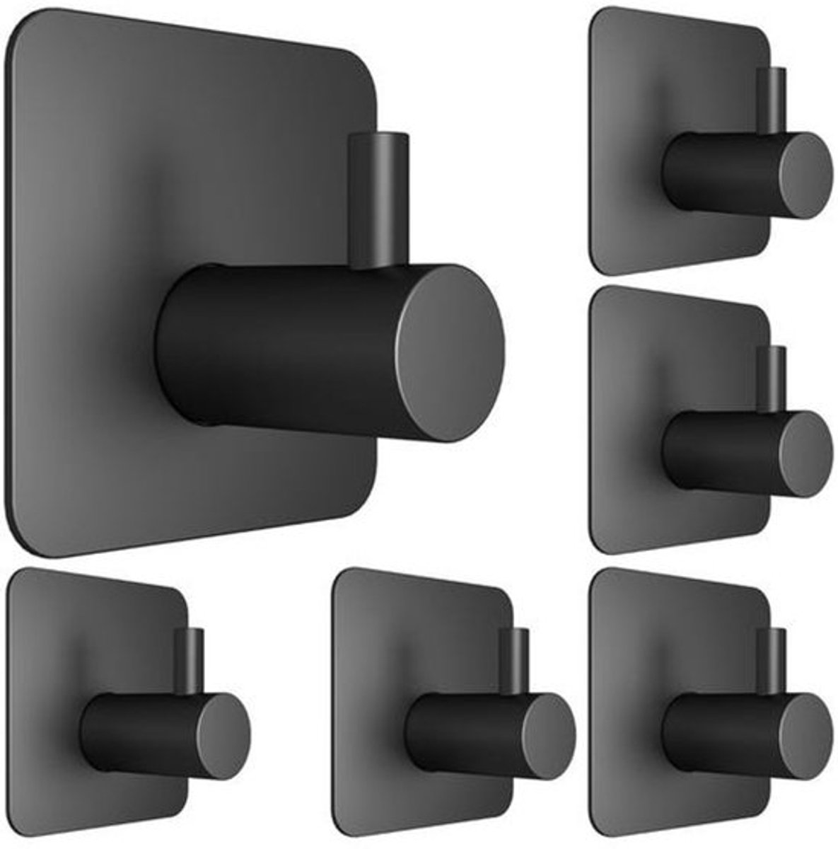Set van 6 zelfklevende muurhaken (zwart): Geschikt voor badkamer (handdoeken) en keuken (doekjes)