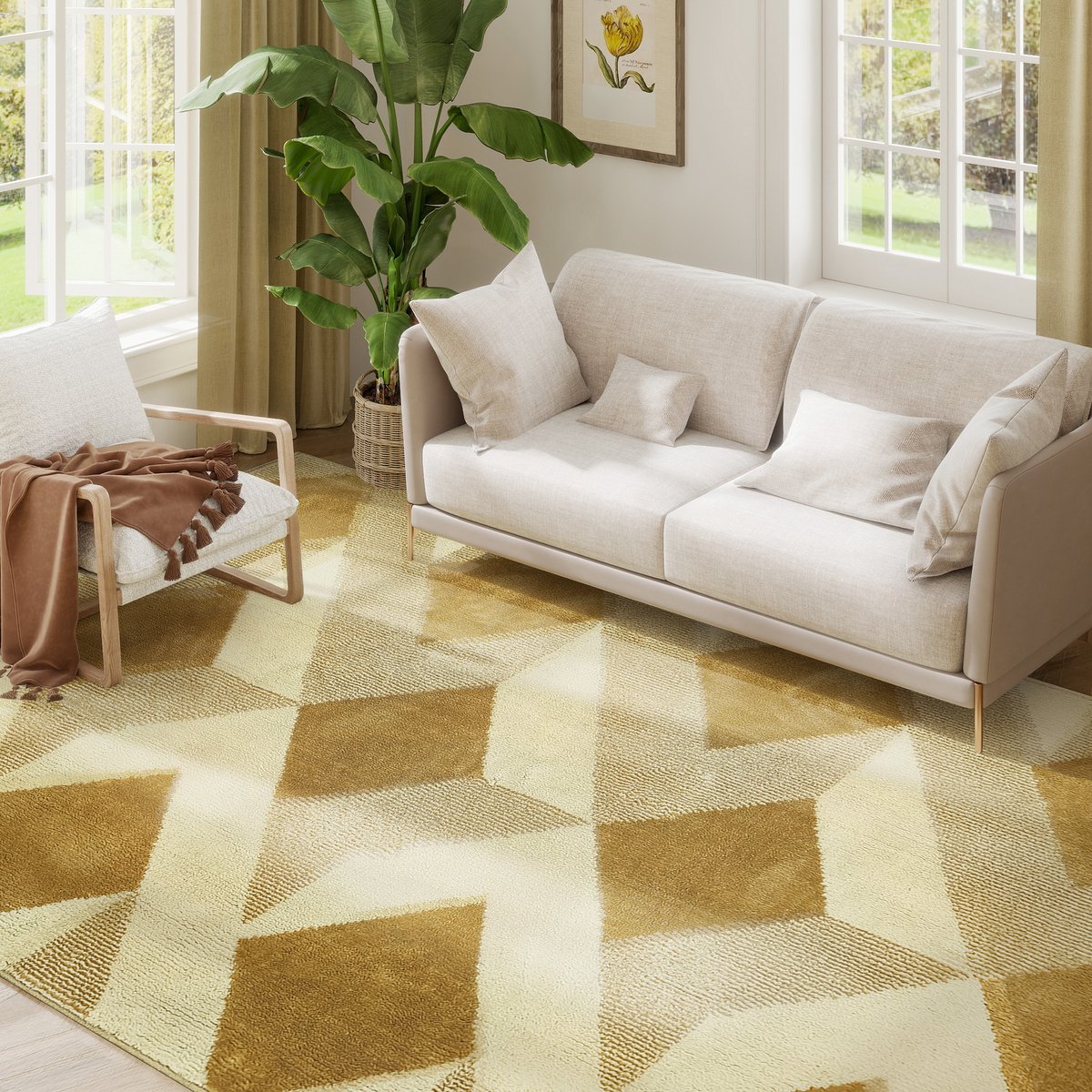 ECTEATOY® Vloerkleed voor Woonkamer - Carpet - Tapijt - Geometrisch 3D-Effect - Hypoallergeen & Wasbaar - 230 x 160 cm - Geel