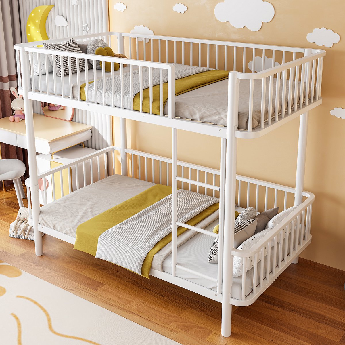 STILVORA Stapelbed 90 x 200 cm – Ruimtebesparend Metalen Bed met Ronde Hoeken en Veiligheidshekje – Voor Kinderen – Wit – Zonder matras