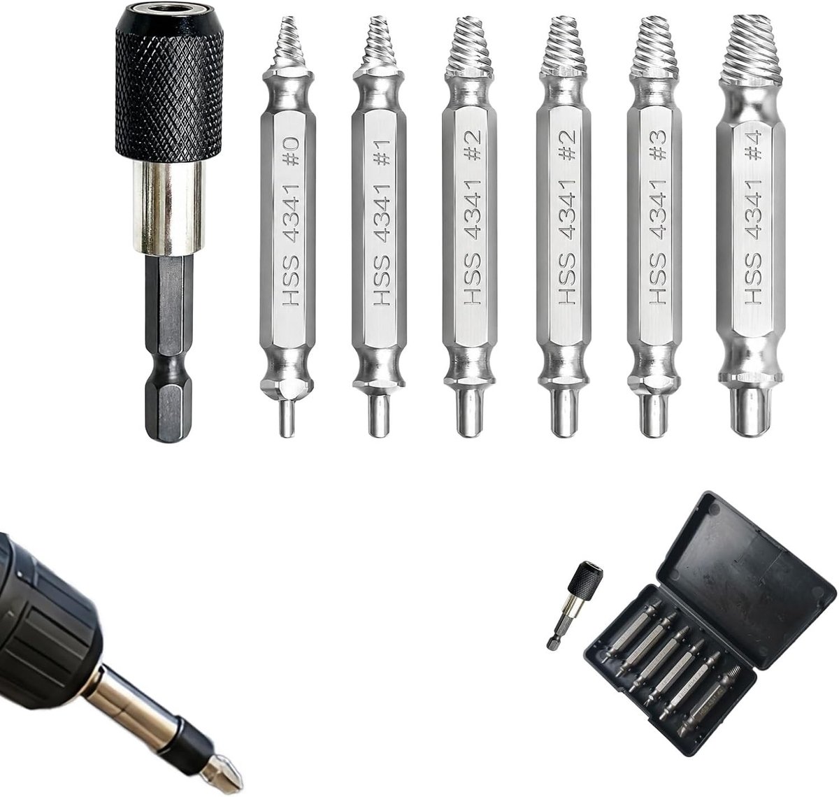 Professionele schroevenset met 6 stuks schroevenverwijderaars, magnetische bithouder en dopsleuteladapter voor het verwijderen van beschadigde en gebroken schroeven