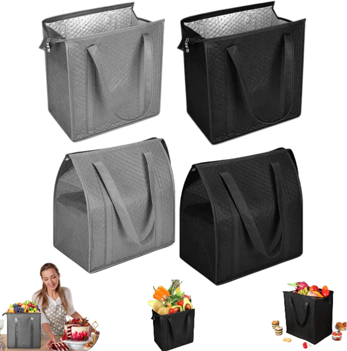4 stuks -geïsoleerde boodschappentas - Herbruikbare koeltas - Geïsoleerde tas van non-woven materiaal - Draagtas - Grote capaciteit - Zwart, donkergrijs - 38*33*22 cm - Geschikt voor warme en koude maaltijden, koelkasten, pizza's