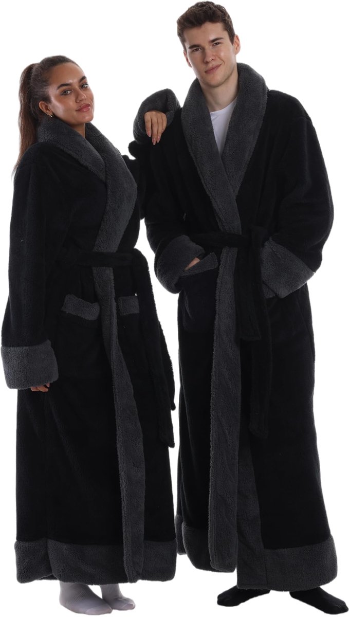 SnelShoppen - Yzehomijia Badjas Dames - Superzacht Flanel, Uniseks Design, Ideaal voor Sauna en Thuis, Absorberend en Onderhoudsvriendelijk, Zwart, 3X