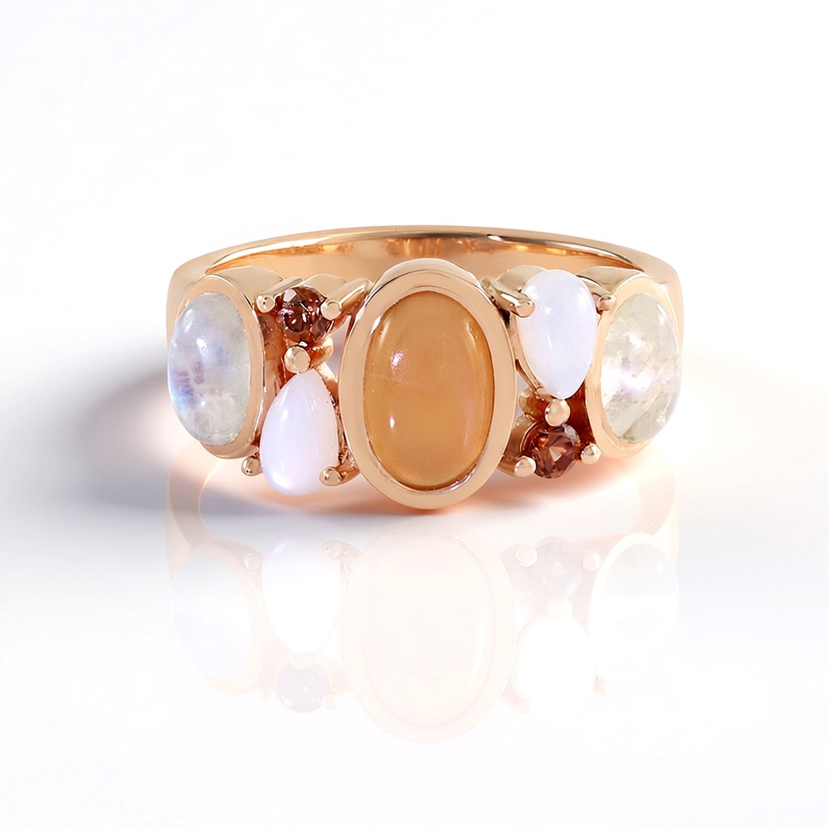 Cavill - Perzikkleurige Maansteen Ring - 925 Zilver Roségoudverguld - 2,61 ct ovale cabochon - Elegante Damesring met Blauwe & Witte Maansteen