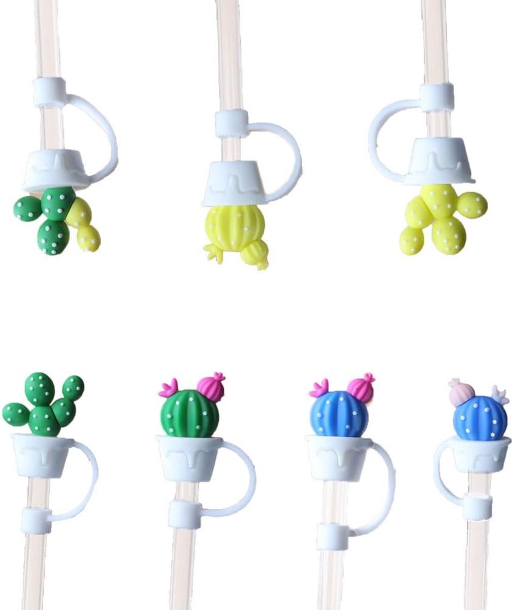 SnelShoppen - 7 Stuks Herbruikbare Siliconen Drinkstroopdeksels - Cactus Serie - Veiligheid en Stofbescherming voor 8mm Drinkstralen - Perfect voor Fe