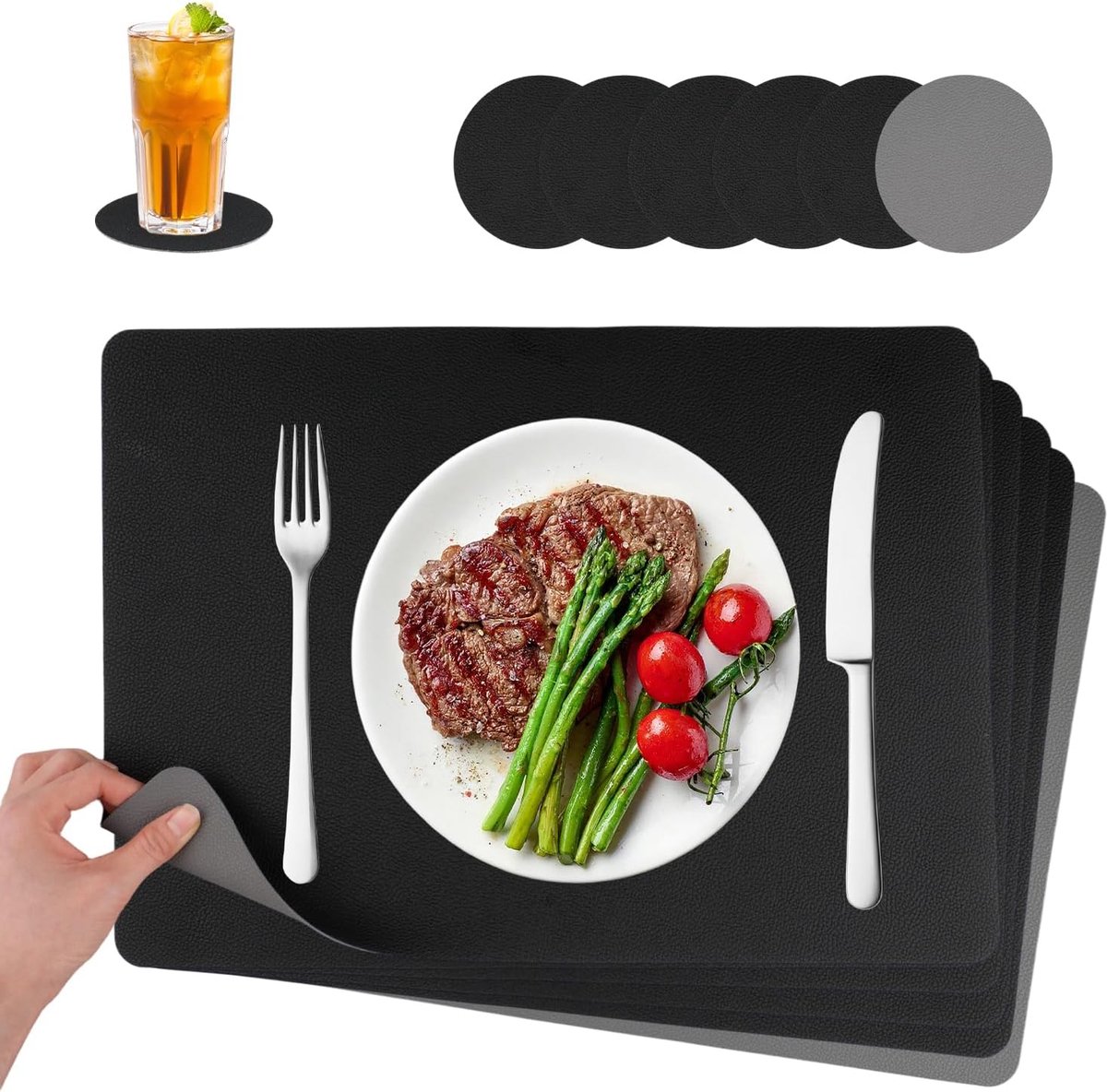 Set of 6 Washable Placemats, Washable with Coasters, Double-Sided Non-Slip Washable, Heat-Resistant, Leather Look, for - ShopVlot