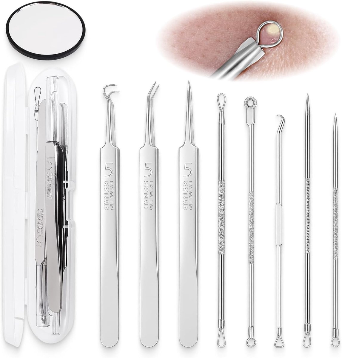 SnelShoppen - 9-delige Pimple Tool Set, Professionele Blackhead Remover, RVS Acne en Comedo Verwijder Tools, Dubbelzijdig, Hygienisch, Duurzaam met Op