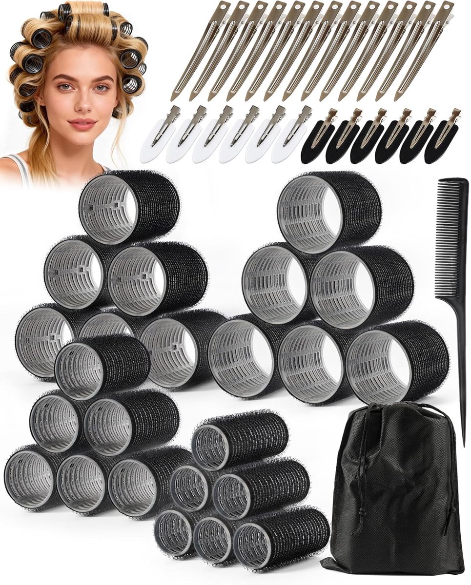 Thijox - Haarrollers Groot met Clips 50-delige Set - Zelfklevende Krulspelden voor Volume & Heatless Curls - 4 Maten (60/48/36/25mm) voor Lang & Kort