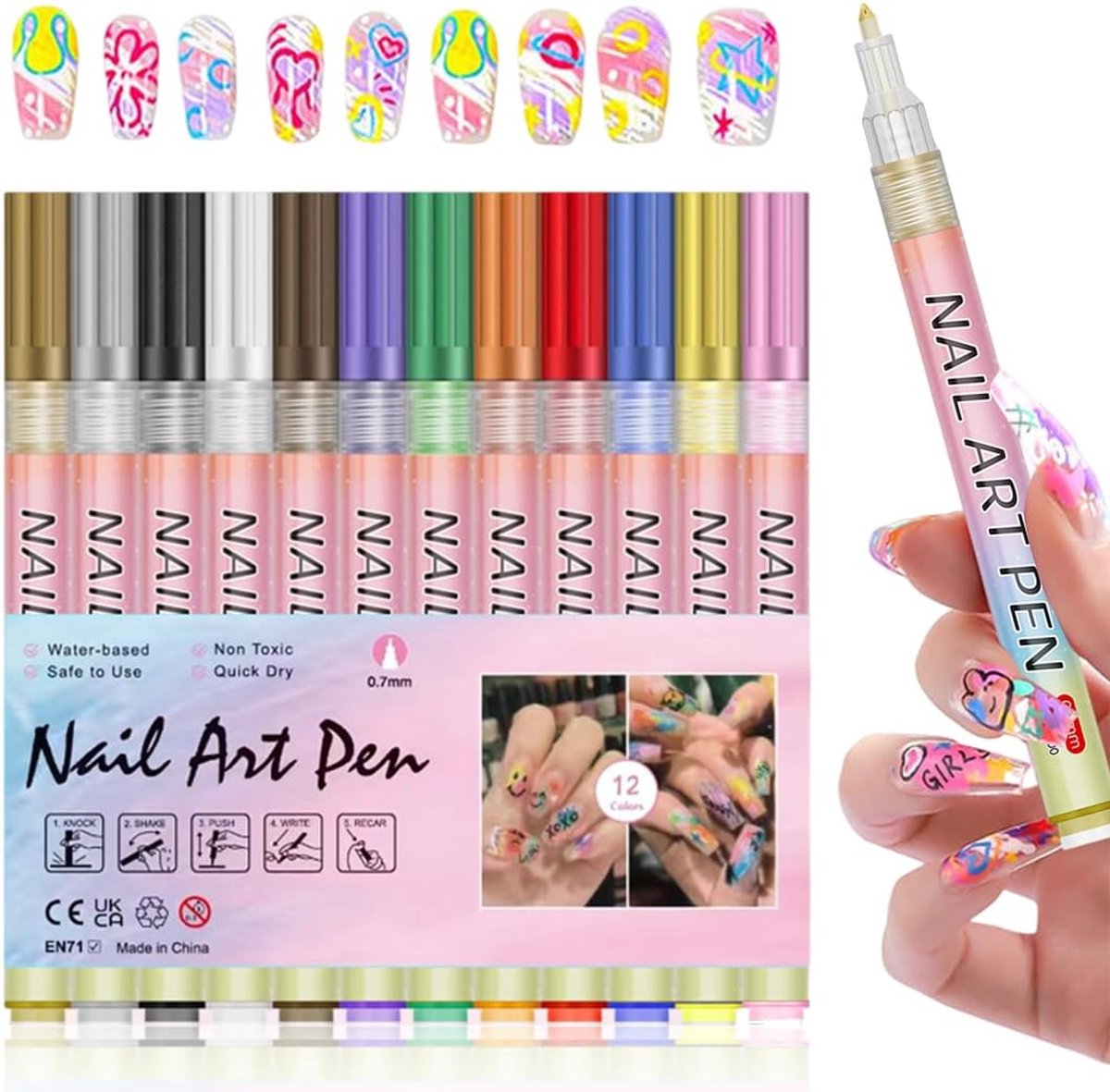 SnelShoppen - 12 Kleuren 3D Nagellak Pen Set, Nagel Kunst Marker, DIY Nagel Art Stiften voor Creatieve Nageldesigns, Perfect voor Feestjes en Dagelijk