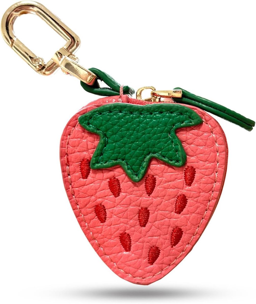 Charm Bag Strawberry Leather Mini Zipper Purse Keychain for Women Leather for Backpack and Bag, Fashion Accessories - ShopVlot
