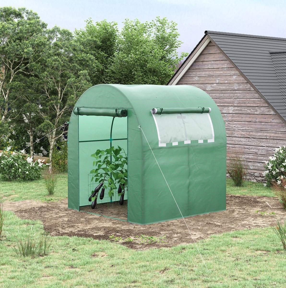 COVREO Tunnelkas 180 x 180 x 200 cm groen, staal met roldeur en zijraam