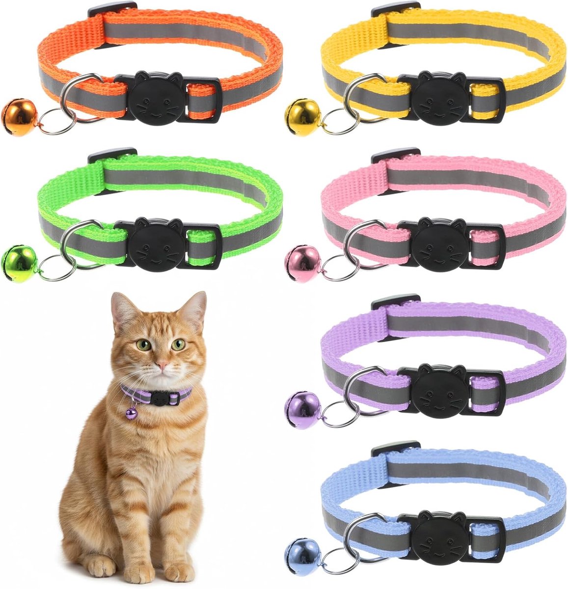 SnelShoppen - Set van 6 Reflecterende Kattenhalsbanden met Bel, Verwijderbaar en Veilig Nylon, Verstelbaar van 20 tot 32 cm, Kleurrijke Variaties voor
