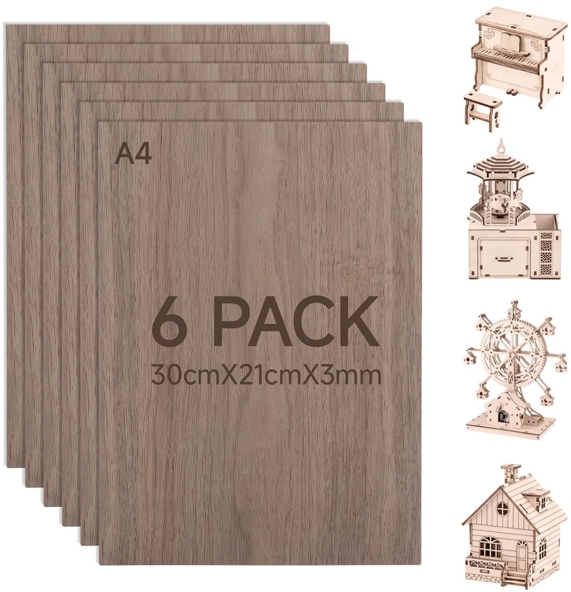 SnelShoppen - Plywood Platen 3 mm, 300 x 210 mm, Walnoot Houten Bord, Laser Plywood voor Creatief Modelbouw en DIY Projecten