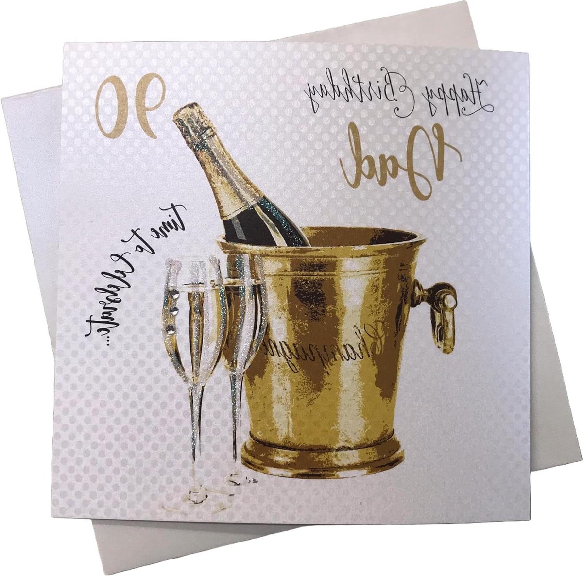 Verjaardagskaart 90 Jaar - Handgemaakte Wenskaart - Persoonlijke Boodschap - Met Glitter en Diamanten - 16 x 16 cm - Wit