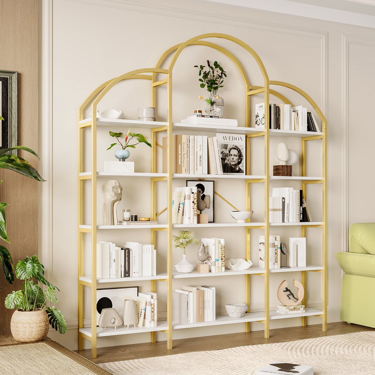 COVREO Boekenkast 170x26x190 cm wit en goud, MDF metaal 5 planken
