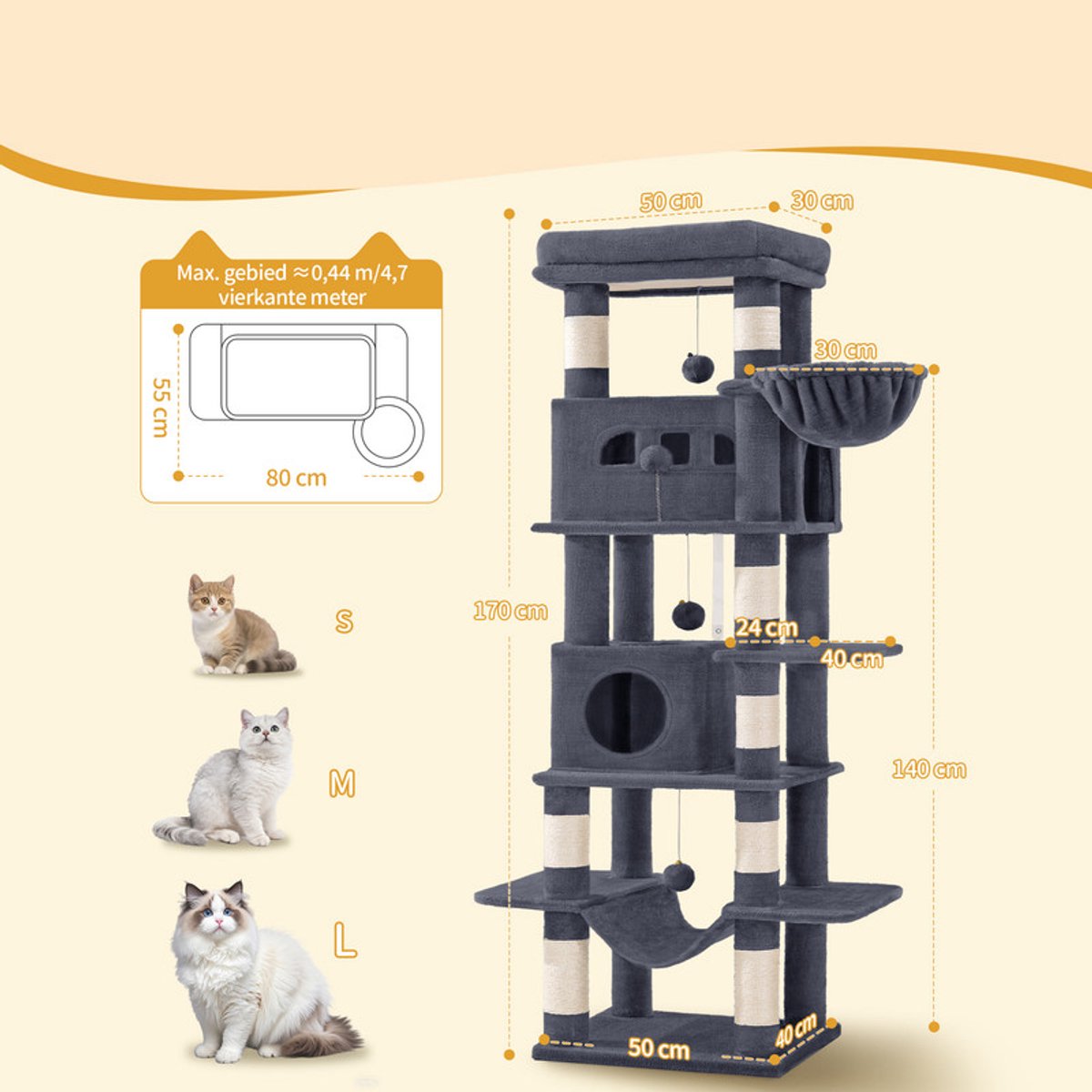 Hzuaneri Krabpaal groot, 170 cm, kattentoren voor Maine-kat, grote kat, meerlaagse krabpaal met grote zitstang, wasbare mat, kattenhuismeubel met 2 holletjes, 8 krabbomen, Donkergrijs thumbnail 4