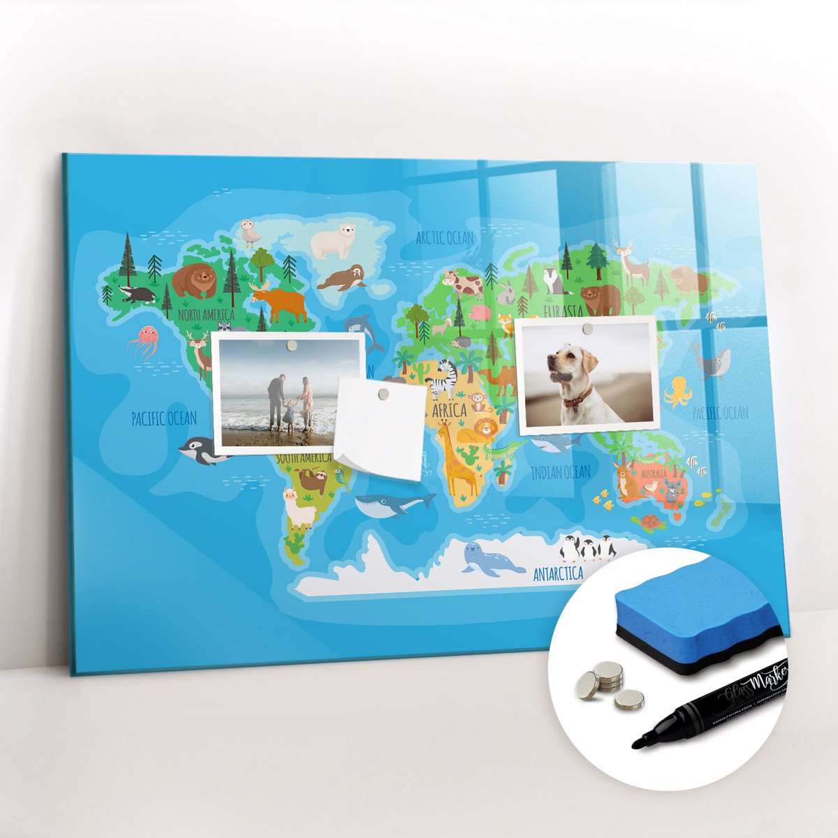 Tulup Whitebord - Cartoonkaart - 60 x 40 cm - Veelkleurig Magneetbord Design - Gratis 5 Sterke Magneten + Whiteboard Marker & Wisser - Design Memobord - Magneetbord Design - Inspiratiebord Kantoor