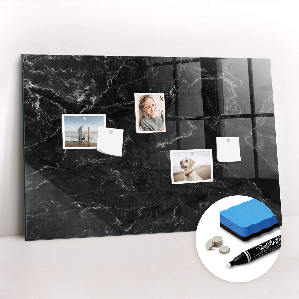 Tulup Whitebord - Zwart marmer - 90 x 60 cm - Zwart Magneetbord Keuken - Gratis 5 Sterke Magneten + Whiteboard Marker & Wisser - Scandinavisch Design Bord - Magneetbord Keuken - Planning Muur
