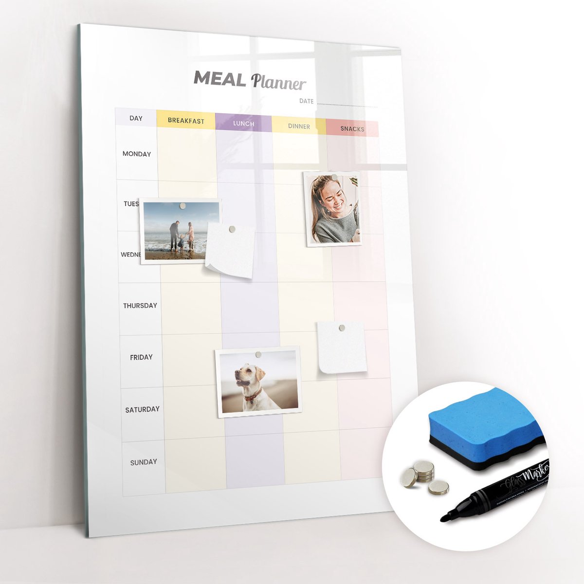Tulup Whitebord - Calorie maaltijdplanner - 70 x 100 cm - Veelkleurig Magnetisch Memobord - Gratis 5 Sterke Magneten + Whiteboard Marker & Wisser - Stylish Memo Board - Memobord Glas - Planning Muur