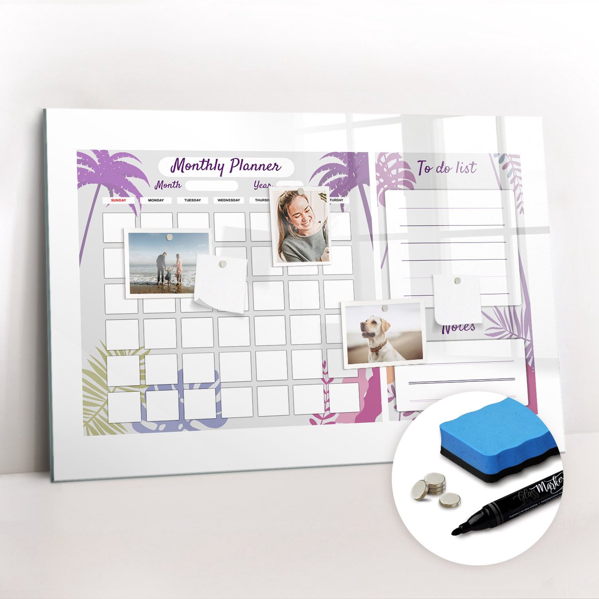 Tulup Whitebord - Maandplanner voor het gezin - 90 x 60 cm - Paars Magneetbord Rechthoekig - Gratis 5 Sterke Magneten + Whiteboard Marker & Wisser - Organizer Muur - Magnet Board - Organiseer Je Bureau