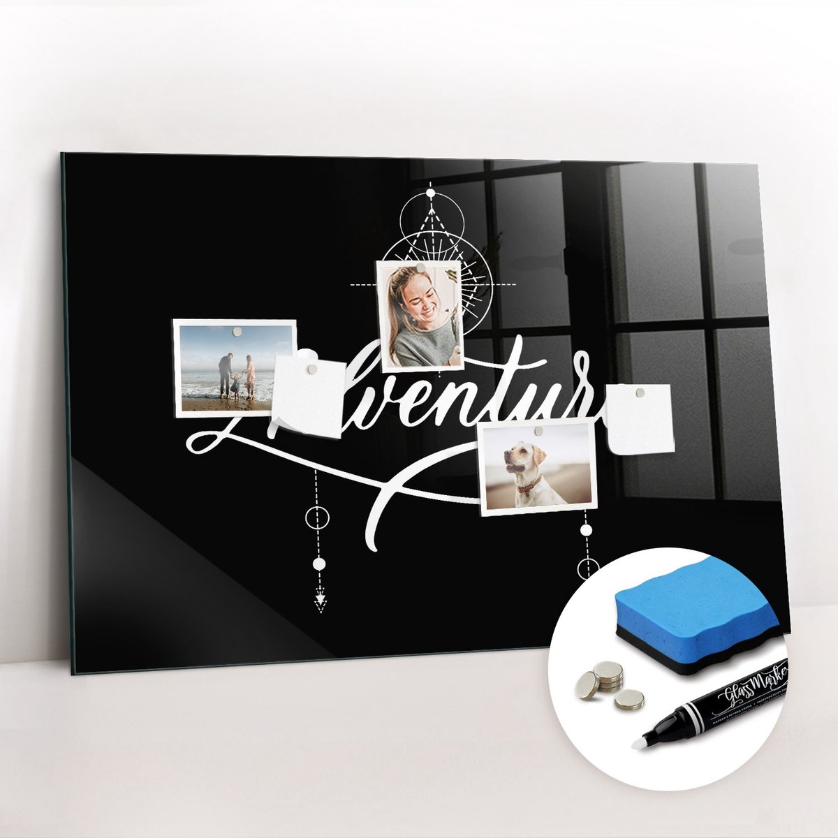 Tulup Whitebord - Avontuur - 90 x 60 cm - Zwart Magnetisch Bord - Gratis 5 Sterke Magneten + Whiteboard Marker & Wisser - Organizer Muur - Foto Magneetbord - Notitiebord Werkplek