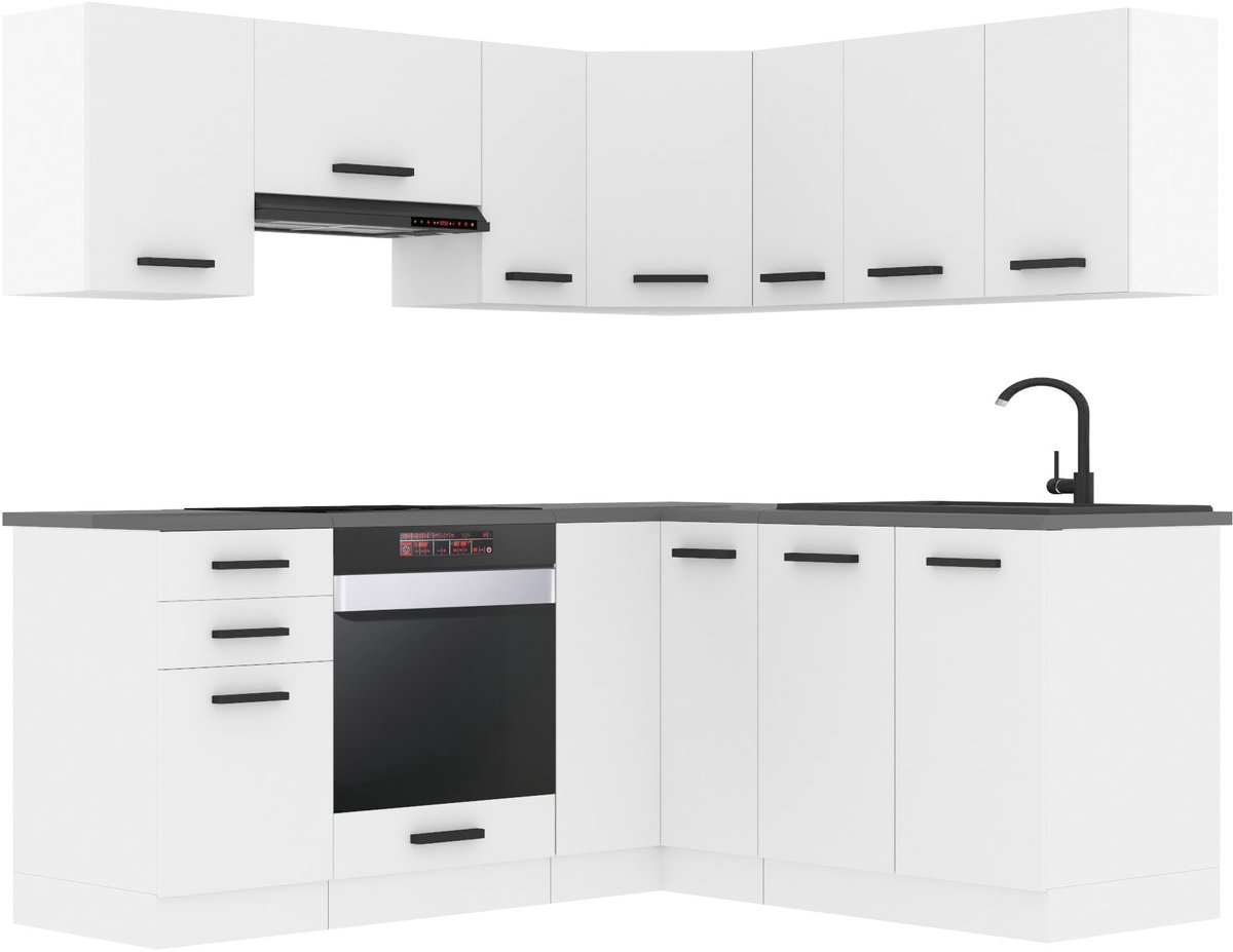 BELINI L-Vorm Keukenblok SARAH - Keukenmeubel Set 320 cm Wit Mat zonder Werkbladen - Boven- en Onderkasten