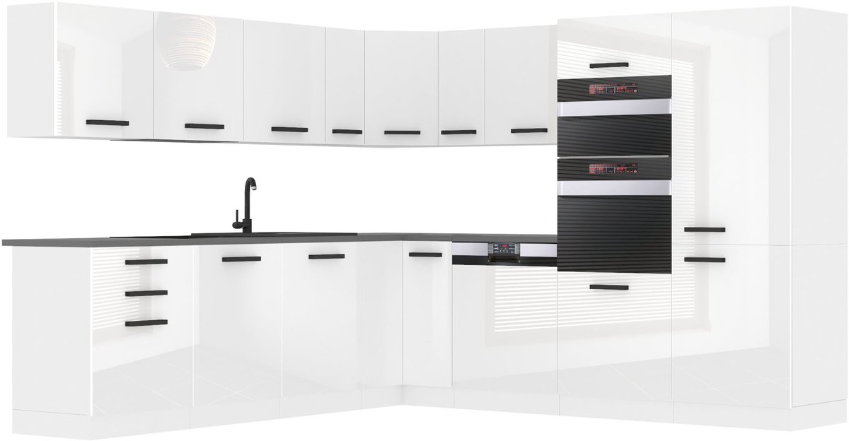 BELINI L-Vorm Keukenblok JANE - Keukenmeubel Set 480 cm Wit Hoogglans zonder Werkbladen - Boven- en Onderkasten