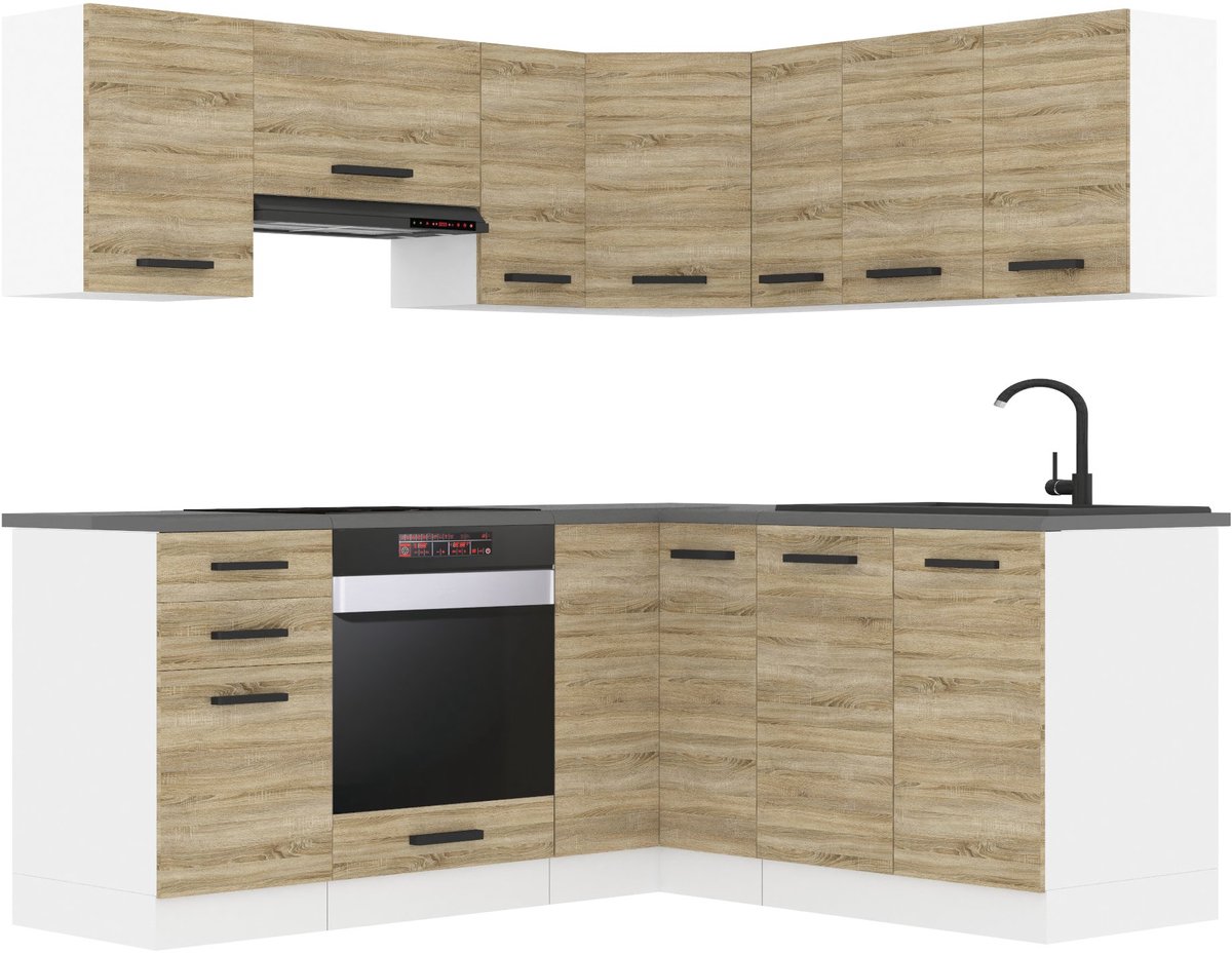 BELINI L-Vorm Keukenblok SARAH - Keukenmeubel Set 320 cm Sonoma Eiken met Werkbladen - Boven- en Onderkasten