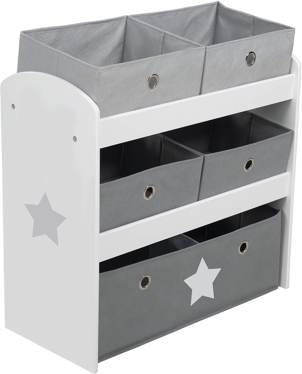 Omgoods - Houten Opbergrek 'Sterren' met 5 Stoffen Dozen