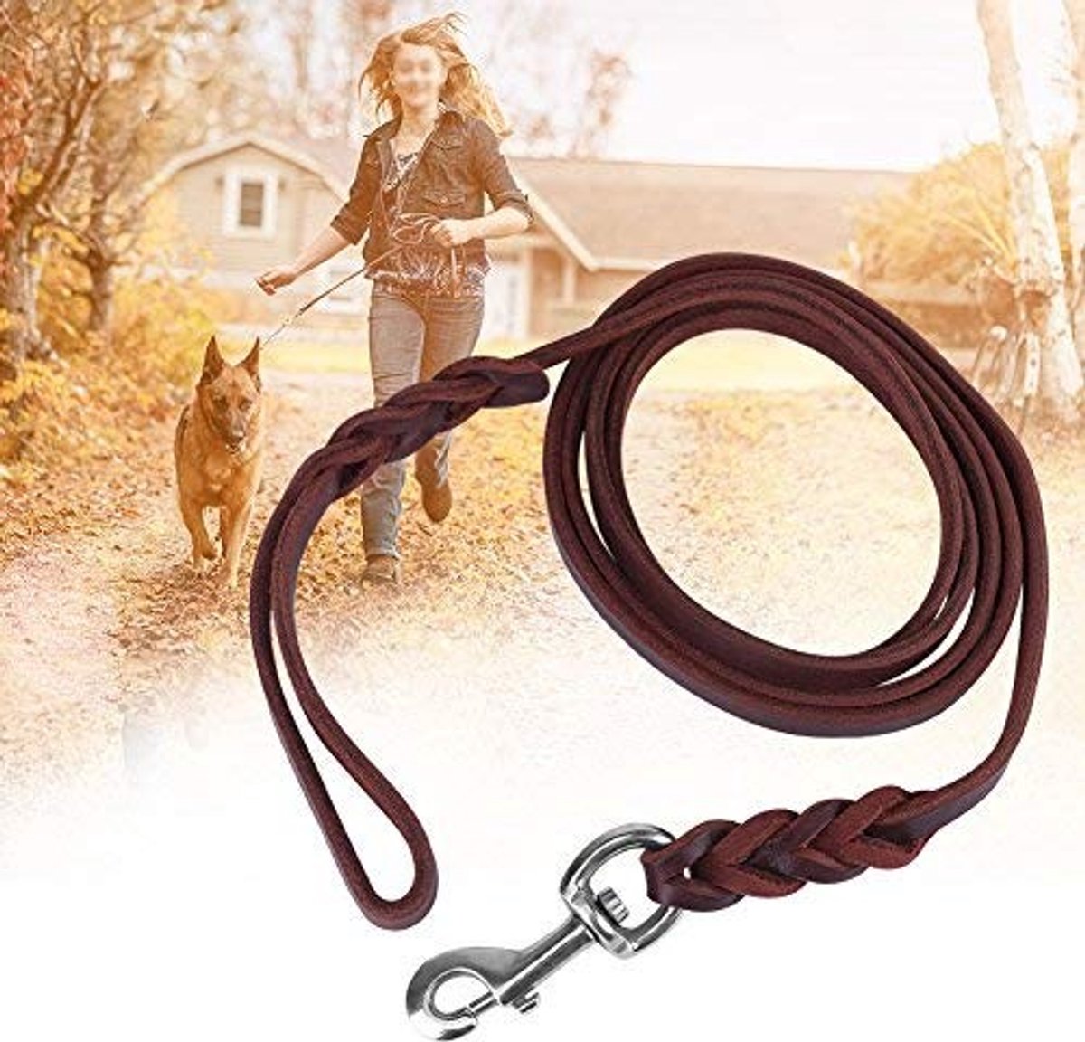 Omgoods- Hondenriem Premium Leren - Gevlochten Training Koord - 1,6 Meter - Geschikt voor Middelgrote/Grote Honden - Zwart - Schokbestendig - Hondentuig