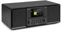 Zwarte DAB+ radio met CD-speler, Bluetooth en kleurendisplay, staand op een aanrecht.