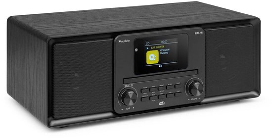 Zwarte DAB+ radio met CD-speler, Bluetooth en kleurendisplay, staand op een aanrecht.