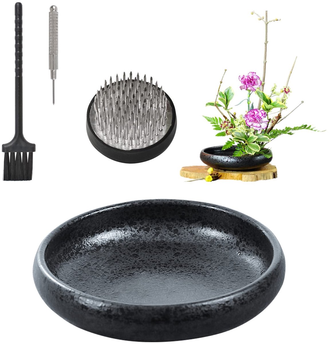 Omgoods - Shallow Ceramic Flower Pot met Kenzan Bloemenvrog voor Arrangeren