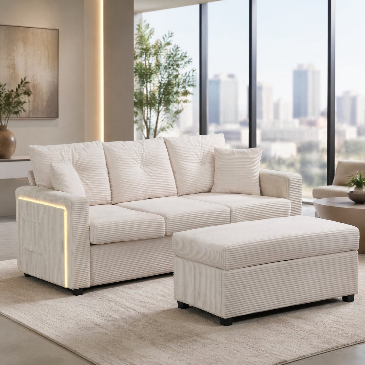 MODENUIT Hoekbank 184 cm - LED Armleuningen en Verplaatsbare Hocker - Voor Woonkamer - Cordstof - Beige