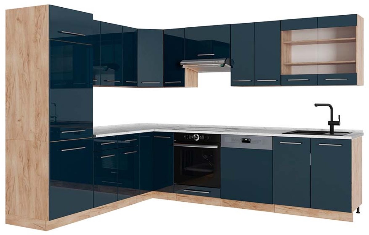 Vicco Hoekkeuken Fame-Line, Donkerblauw hoogglans/Goudkleurig Eiken, 287 x 227 cm, WB Marmer