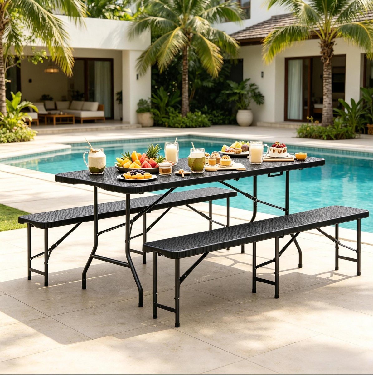 MODENUIT Tuinset 180 cm - Opvouwbare Tafel Met 2 Banken - Voor Tuin En Camping - HDPE En Metaal - Zwart